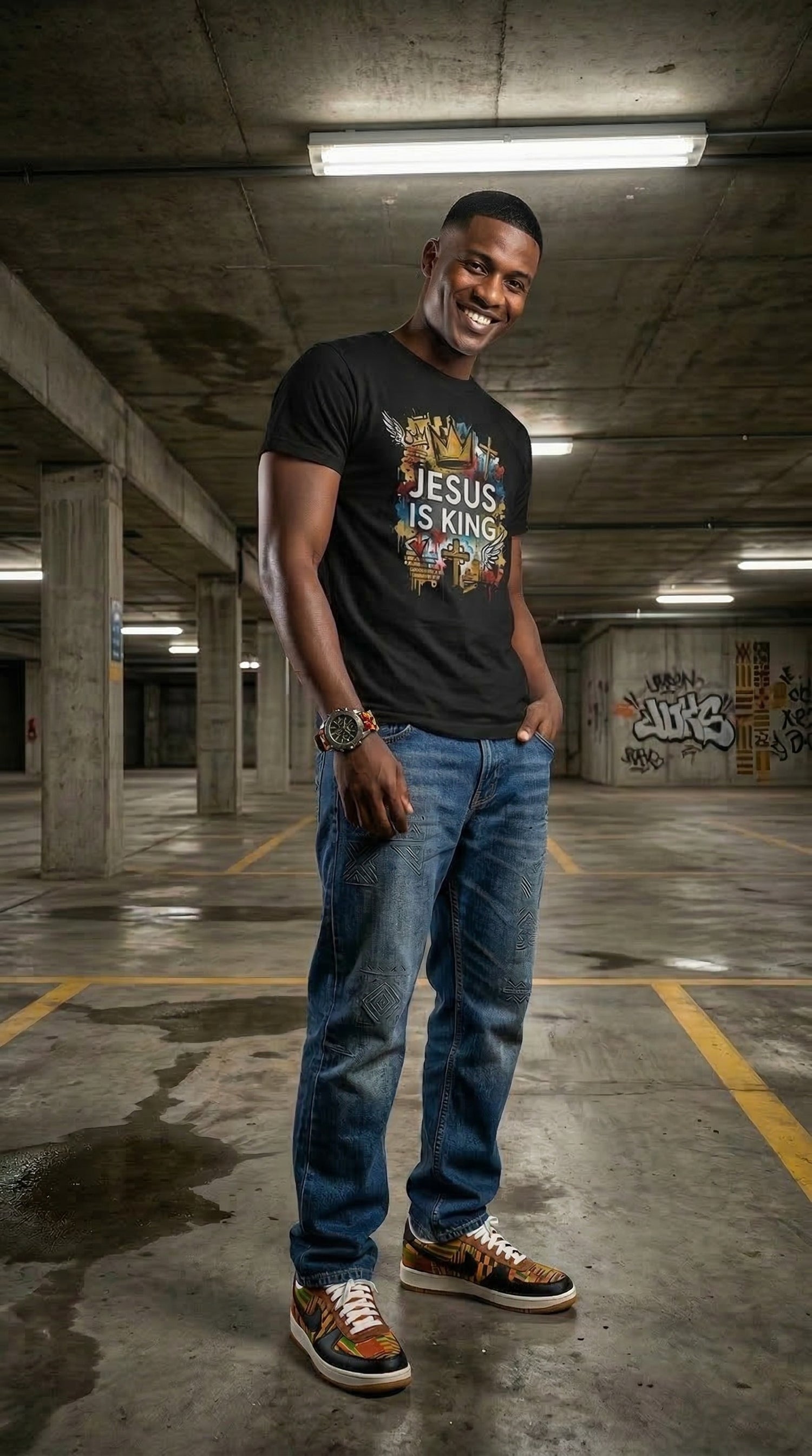View details for Jesus Is King Graphic Tee — Christian Crown & Cross Street Art T‑Shirt Jesus Is King Graphic Tee — Christian Crown & Cross Street Art T‑Shirt